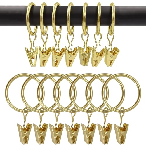 Curtain Rings with Hooks Set - Heavy Duty Metal Drapery Hooks & Eyelet Rings for Window, Shower, Door - Rustproof & Smooth Gliding Curtain Rod Ring, 5/8 to 3/4 Inch Internal Diameter 14 Pack - color: Golden