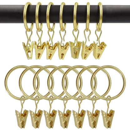 Curtain Rings with Hooks Set - Heavy Duty Metal Drapery Hooks & Eyelet Rings for Window, Shower, Door - Rustproof & Smooth Gliding Curtain Rod Ring, 5/8 to 3/4 Inch Internal Diameter 14 Pack - color: Golden