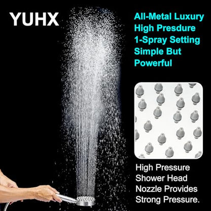All Metal Shower Head with Handheld; Flexible Long Hose High Pressure Spray | 1 Setting Stainless Steel Shower-Head, Solid Hand Held Showerhead Sprayer Holder with Wide-Angle Adjustment, Premium Chrome - color: Premium Chrome