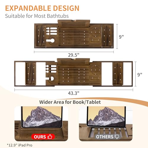 Luxury Teak Bathtub Tray - Foldable Bath Caddy with Expandable Handles, Wine Glass & Phone Holder, Book Stand - Enhance Home Spa Experience with Natural Material - Relaxing & Reading, Light Walnut - color: Light Walnut