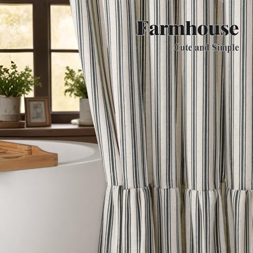 Farmhouse Shower Curtain Ruffle Linen Cream-Black Stripe 72"W x 78"L | Farmhouse Boho, Striped, Bottom Ruffle, Linen Fabric, Rustic, Country, Natural Look, Washable, for Bathroom Bathtub - color: Cream-blcak Stripe, size: 72"W x 78"L