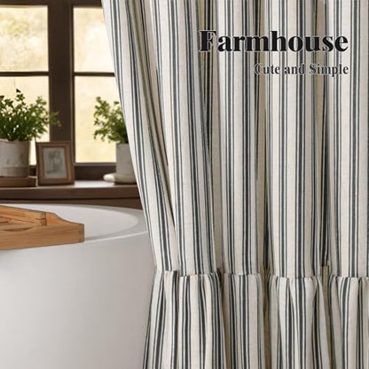 Farmhouse Shower Curtain Ruffle Linen Cream-Black Stripe 72"W x 78"L | Farmhouse Boho, Striped, Bottom Ruffle, Linen Fabric, Rustic, Country, Natural Look, Washable, for Bathroom Bathtub - color: Cream-blcak Stripe, size: 72"W x 78"L