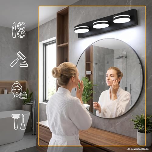 3-Light Bathroom Vanity Light Over Mirror, (24inch Dimmable) Matte Black LED Vanity Lighting Fixtures, Modern Bathroom Wall Light Fixtures with 360°Rotating Lamp Head (Cool White 5500K) - color: Matte Black-Dimmable