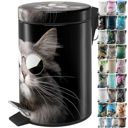 Sanilo Small Bathroom Trash Can with Lid [1.3 Gallon] - Lidded Tiny Trashcan for Garbage - Mini Metal Bin with Soft Closing Mechanism - Bath Room Accessoire Wastebin with Inner Bucket (Cool Cat) - color: Cool Cat