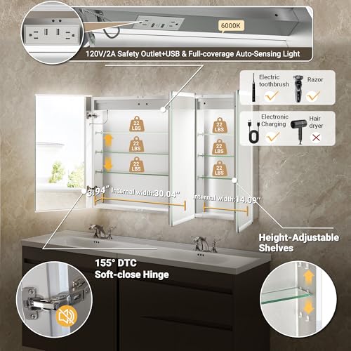 48x30 LED Medicine Cabinet Mirror with Double Lights-Front & Backlit, 155°Soft-close Hinge, Surface or Recessed Dimmable Lighted Medicine Cabinet Mirror with Clock Outlet Inner Light,Anti-fog - size: 48x30'' (Cabinet)