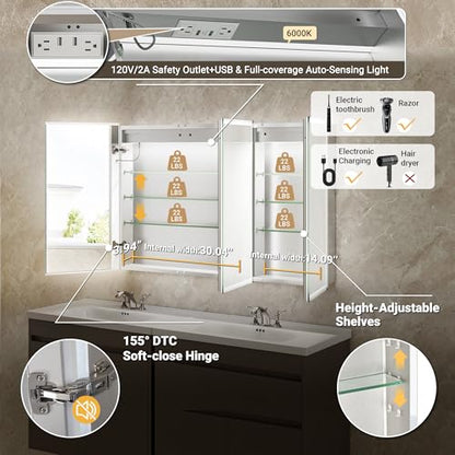48x30 LED Medicine Cabinet Mirror with Double Lights-Front & Backlit, 155°Soft-close Hinge, Surface or Recessed Dimmable Lighted Medicine Cabinet Mirror with Clock Outlet Inner Light,Anti-fog - size: 48x30'' (Cabinet)