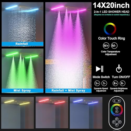 Bathroom Shower System,4 Functions Digital Temperature Display Diverter Valve,Ceiling 14x20" 2-Function Shower Head and 8 inch Wall Mounted Shower Head Combo,Handheld Shower Brushed gold - color: Brushed gold
