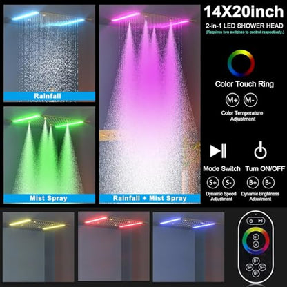 Bathroom Shower System,4 Functions Digital Temperature Display Diverter Valve,Ceiling 14x20" 2-Function Shower Head and 8 inch Wall Mounted Shower Head Combo,Handheld Shower Brushed gold - color: Brushed gold