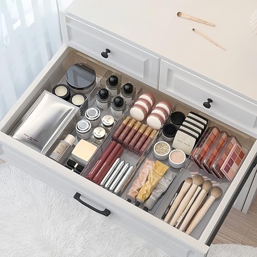 Expandable Drawer Storage Box with 6 Removable Dividers - 2.04" Depth for Light Drawers, Kitchen Utensils, Cosmetics, Office Supplies Organizer (10.43" Length, 20.27" Width) - color: Transparent