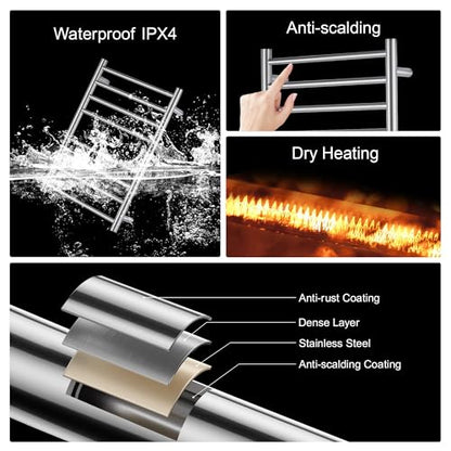 Towel Warmer Polished Chrome for Bathroom Wall Mounted Drying Rack Plug-in Electric Heated Towel Rack Stainless Steel Round 8 Bars Bath Towel Heater with Single Press