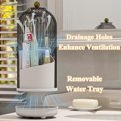 Drainable Toothbrush Toothpaste Holders with Cover, Grey White | Drainage Holes, Waterproof and Dustproof, 360° Rotating Base, Sliding Door, for Bathroom Counter - color: Grey White