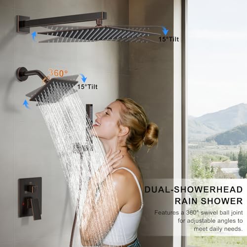 Rain Shower System 12" & 6" Dual Shower Heads, Wall Mount Shower Faucet Set | Ideal for bathroom remodels and upgrades with 12" rain shower, 6" angled shower, handheld spray and complete valve kit. - color: Oil Rubbed Bronze, size: Wall Mounted - 12"+6" S