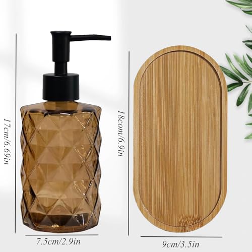 12oz Brown Glass Hand and Dish Soap Dispenser Set, Diamond Design, Set of 2 | Bathroom Soap Dispenser with Plastic Pumps, Bamboo Tray for Hand Wash & Dish Wash, for Bathroom Kitchen Countertop - color: Brown