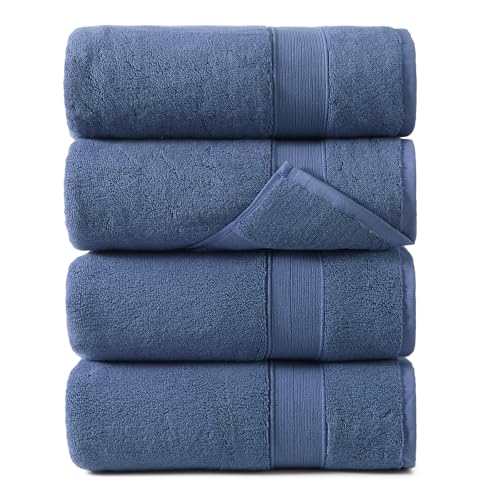 REDKISS 100% Luxury Cotton Bath Towels 4-Pack, Ultra-Thick, Plush, Soft & Highly Absorbent for Bathroom, Hotel, Spa and Home - 27" x 55" - color: Navy Blue