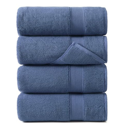 REDKISS 100% Luxury Cotton Bath Towels 4-Pack, Ultra-Thick, Plush, Soft & Highly Absorbent for Bathroom, Hotel, Spa and Home - 27" x 55" - color: Navy Blue