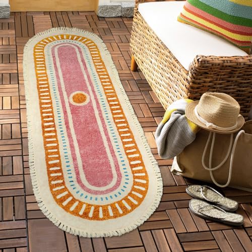 Lukinbox Boho Bathroom Runner Rugs with Fringes, 2x6 Oval Sun Washable Hallway Runner Rug, Extra Long Soft Non-Slip Rainbow Area Rug for Kitchen Laundry Room Entryway - size: 2' x 5'11" (Oval)