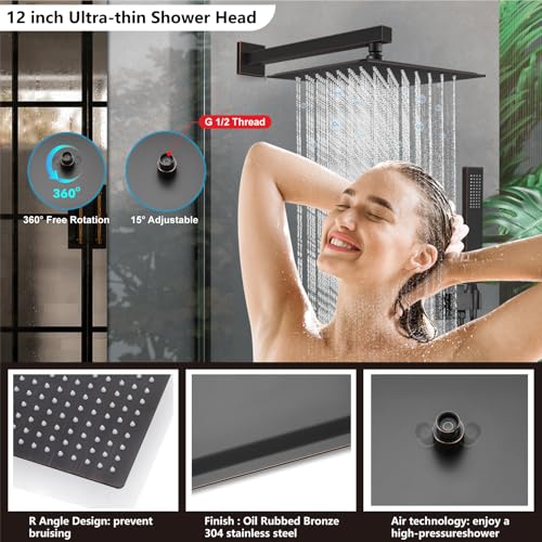 Midanya Shower Faucet Set with Handheld Sprayer,12 Inch,Oil Rubbed Bronze | Rough-in Shower Valve and Trim Kit Included,Square Rain Head,Wall Mount Shower System,All Metal,Bathroom - color: Bronze, size: 12 Inch