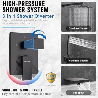 12 Inch Rainfall Shower System with Tub Spout Wall Mounted Complete Combo with Solid Brass Pressure Balancing Valve, High Pressure Shower Head, Handle Set & Installation Accessories Matte Black - color: Black