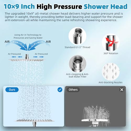 Hibbent 10'' Rainfall Shower Head with 4-mode Handheld Shower Spray, Chrome | cUPC Certified High Pressure Showerhead Combo, 12'' Adjustable Extension Arm, Extension Bar, Easy Reach Holder, 71'' Hose - color: Chrome, style: Square 10''