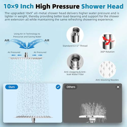 Hibbent 10'' Rainfall Shower Head with 4-mode Handheld Shower Spray, Chrome | cUPC Certified High Pressure Showerhead Combo, 12'' Adjustable Extension Arm, Extension Bar, Easy Reach Holder, 71'' Hose - color: Chrome, style: Square 10''