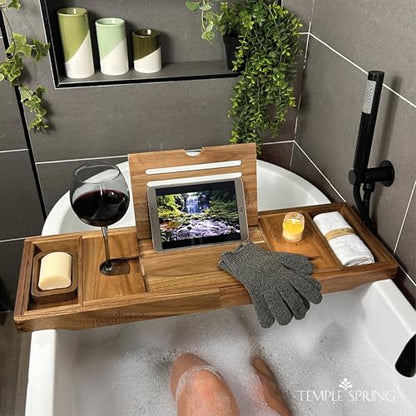 Acacia Wood Bathtub Tray Caddy for Tub — Expandable Bath Tray with Solid Book Stand Wine Holder and Non-Slip Pads — Includes Soap Dish and Spa Accessories — Luxury Hardwood Bath Gift Set - color: Acacia Wood