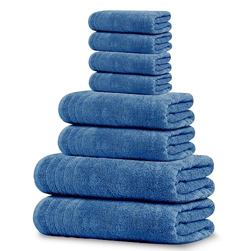 8 Piece Towel Set, 2 XL Bath, 2 Hand, 4 Washcloth, Blue | 100% Cotton, Lighter Weight, Quicker to Dry, Super Absorbent, Perfect for Bathroom - color: Blue