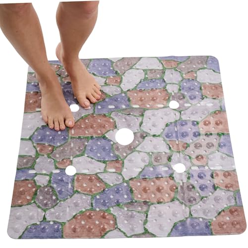 ENKOSI Square Shower Mat 27x27 inch - Anti Slip Shower Stall Floor Mat - Non Slip Shower Mats with Strong Secure Suction Cups and Drain Holes in Middle (27x27 Stone Path) - color: Stone Path