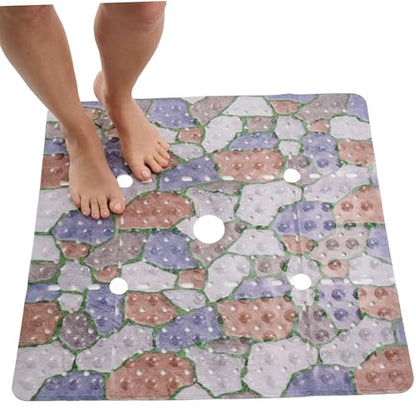 ENKOSI Square Shower Mat 27x27 inch - Anti Slip Shower Stall Floor Mat - Non Slip Shower Mats with Strong Secure Suction Cups and Drain Holes in Middle (27x27 Stone Path) - color: Stone Path