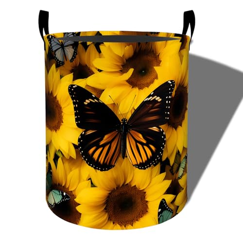 Sunflower Laundry Basket, Butterfly Print Foldable Oxford Cloth, Waterproof Dirty Clothes Hamper with Handles, Clothing Storage Bucket Toy Organizer for Bathroom Bedroom Dorm, 19.7"x15.7" - style: Sunflower 01