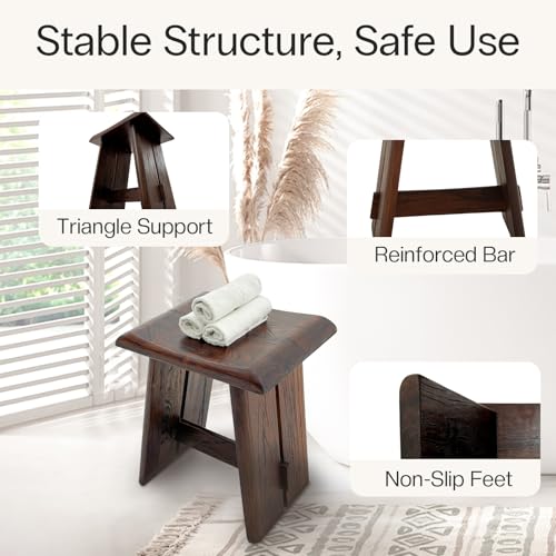 StrongTek Teak Shower Seat, 18-Inch Curved Wooden Stool, Fully Assembled | 350 lb Capacity, Compact Fit for Small Showers, Bathrooms and Spa Corners, Ready to Use Out of the Box, Dark Brown Finish