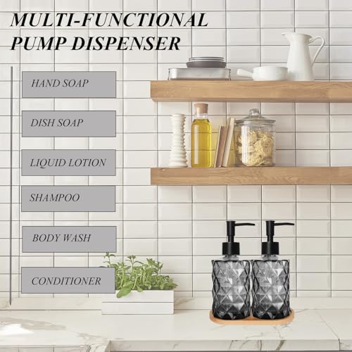 12oz Black Glass Hand and Dish Soap Dispenser Set, Diamond Design, Set of 2 | Bathroom Soap Dispenser with Plastic Pumps, Bamboo Tray for Hand Wash & Dish Wash, for Bathroom Kitchen Countertop - color: Black
