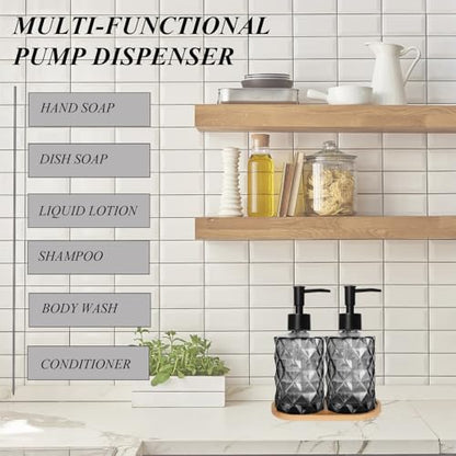 12oz Black Glass Hand and Dish Soap Dispenser Set, Diamond Design, Set of 2 | Bathroom Soap Dispenser with Plastic Pumps, Bamboo Tray for Hand Wash & Dish Wash, for Bathroom Kitchen Countertop - color: Black