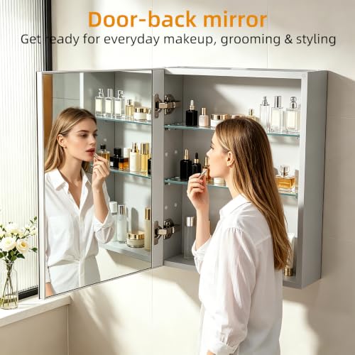 20"x 26"Bathroom Medicine Cabinet,Double-Sided Mirror Door | Silver Aluminium Frame,Lightweight,Sturdy and Attractive,Simple Wall-Mounted,Adjustable Shelves,Tempered Glass - size: 20"x 26"