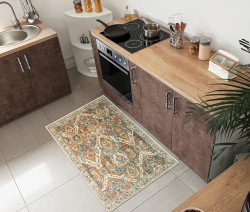 Keen Home Design Vintage Washable Entryway Rug, Non-Slip Low Pile, 2x3 | Machine washable cotton chenille, 0.25in low pile, rubber non-slip back; kitchen, entryway, bathroom, bedside - color: Blue / Earth Brown, size: 2' x 3' (Rectangular)