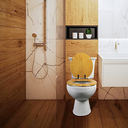 Angel Shield Durable Wood Veneer Natural Toilet Seat Metal Hinged Easy Clean Anti-scratch American Standard(Round,Oak) - color: Oak, size: Round-16.5”