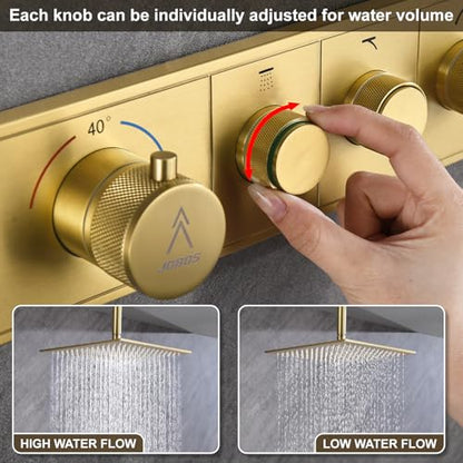 Shower System Modern Rain Brass Faucet Set With Valve and Diverter Shower Mixer With Handheld High Pressure Square Rainfall Shower Valve (12+6'' Wall Mount Thermostatic Valve, Brushed Gold) - color: Brushed Gold, style: 12+6'' Wall Mount Thermostatic Valv