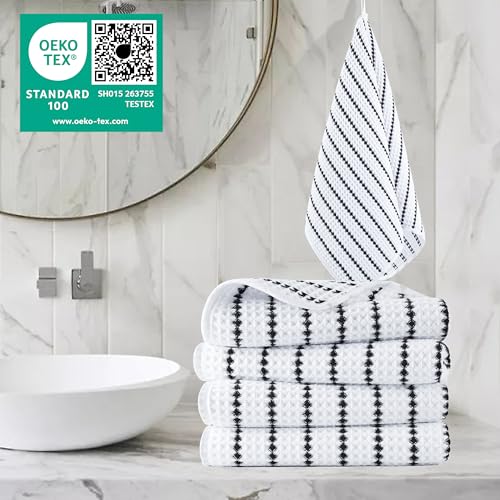 POLYTE 430 GSM Poly Blend Microfiber Quick Dry Waffle Hand Towel, 16x30 in | 4 Pack, Oversize, Lint Free, Quick Dry, Hanging Loop - color: White/Black