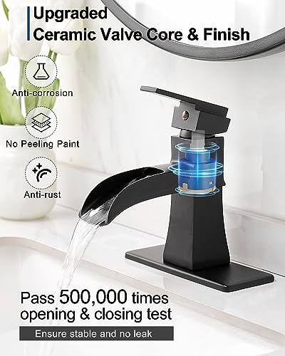 Waterfall Faucet, Brass Black Bathroom Sink Faucet 1 Hole or 3 Holes (4 Inch) with Single Handle, Pop-Up Drain, Lead-Free cUPC Supply Hoses & Deck Plate for Vanity Lavatory RV - color: Matte Black