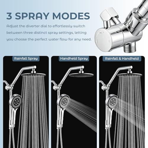 Rain Shower Head with Handheld Combo, Chrome Finish | 9" rainfall head, silicone slide bar, 3-way diverter, 59" SS hose, dual high-pressure spray, G1/2 fit, tool-free install
