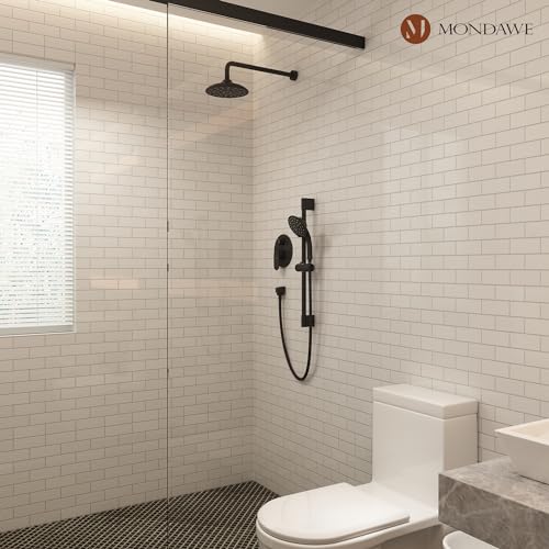 MONDAWE 8 Inch Wall Mounted Shower Faucet Set in Matte Black, Rainfall Shower Head with 3-Setting Handheld Spray Shower Set Combo, High Pressure Shower System with Solid Brass Valve - color: Matte Black, style: 8 IN - Without Tub Spout