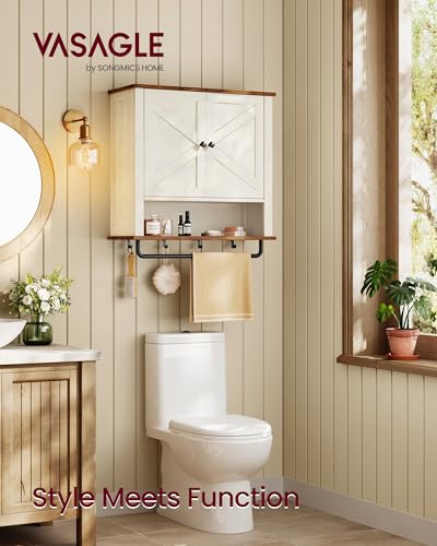 VASAGLE LIRY Collection - Bathroom Wall Cabinet, Farmhouse Wall-Mounted Medicine Storage Cabinet with 2 Barn Doors, Adjustable Shelf, Towel Bar, 7.9 x 23.6 x 28.7 Inches, Rustic White UBBK131W01S - color: Rustic White, style: 2Doors（28.7"H）