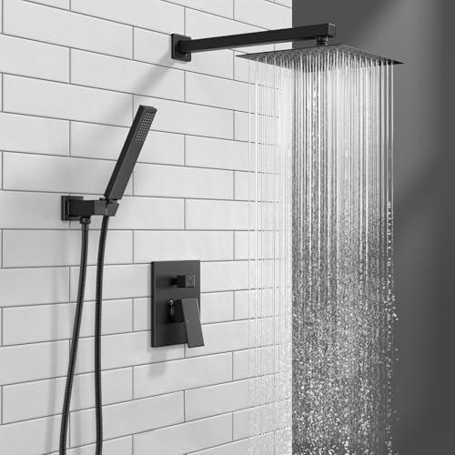 Lava Odoro Modern 2-Setting Square Shower System with Rain Shower Head and Handheld Spray Black, Rainfall Shower Faucet Set Chrome, Shower Valve and Trim Kit, Polished Chrome SF103-MB - color: Matte Black, style: Without Tub Spout
