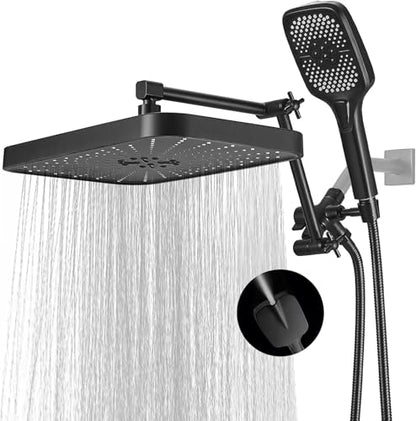 14 Inch Large Shower Head with Handheld Spray Combo and Extention Arm, Rain Rainfall Waterfall High Pressure Shower Heads, Modern Showerhead with 3-Way Diverter - Height/Angle Adjustable(Matte Black) - color: Black, size: 14 Inch