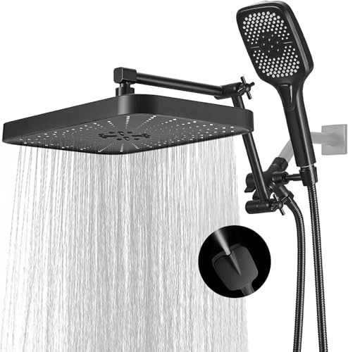 14 Inch Large Shower Head with Handheld Spray Combo and Extention Arm, Rain Rainfall Waterfall High Pressure Shower Heads, Modern Showerhead with 3-Way Diverter - Height/Angle Adjustable(Matte Black) - color: Black, size: 14 Inch