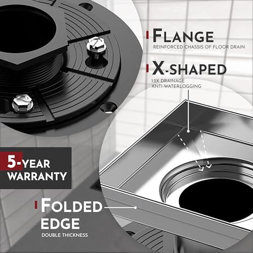 6 Inch Square Shower Drain Brushed Floor Drain with Flange Reversible 2-in-1 Cover Tile Insert Grate Removable SUS304 Stainless Steel CUPC Certified Brushed - color: Brushed, size: 6 Inch