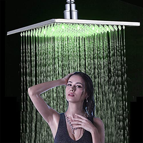 NeierThodore Polished Chrome Large 16 Inch LED Shower Head Solid Square Rainfall with Rubber Nozzles, 3 Settings - color: Chrome, size: 16 Inch