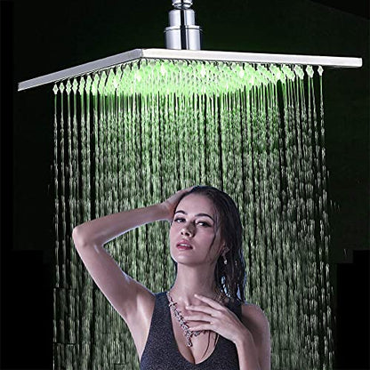 NeierThodore Polished Chrome Large 16 Inch LED Shower Head Solid Square Rainfall with Rubber Nozzles, 3 Settings - color: Chrome, size: 16 Inch