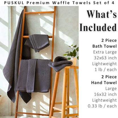 PÜSKÜL Natural 100% Turkish Cotton Waffle Towels Set of 4-Piece, Anthracite | 2-Bath sheet (Extra-large 32x63") and 2-Hand towel (Large 32x16"). Premium honeycomb-waffle weave, oeko-tex made in Turkiye. - color: Anthracithe