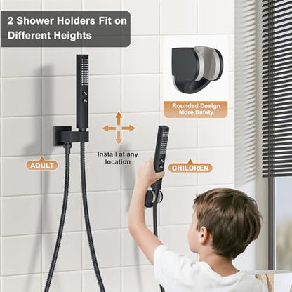 Rain Shower System 12" & 6" Dual Shower Heads Ceiling Shower Faucet Set | Ideal for bathroom remodels and upgrades with 12" rain shower, 6" angled shower, handheld spray and complete valve kit. - color: Matte Black, size: Ceiling Mounted - 12"+6" Shower H