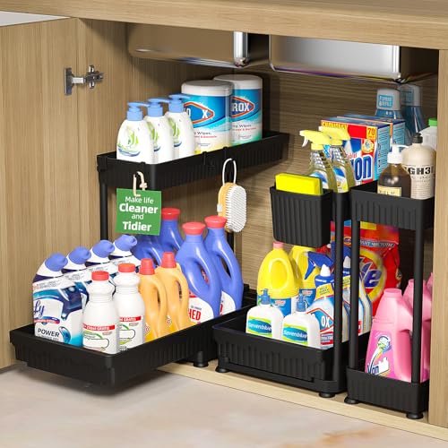 3-Pack 2-Tier L-Shaped Under Sink Organizers with Sliding Drawers | Multi-use kitchen & bathroom storage, 12.85 inch black cabinet organizer, space-saving sliding drawer design. - color: Black, size: 12.85 Inch